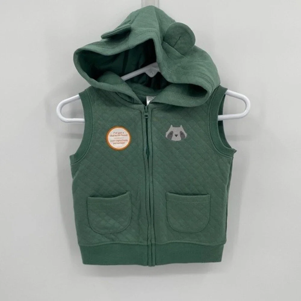 Just one You 12 months Green Quilted Vest Racoon Patch Hooded Full Zip Pockets